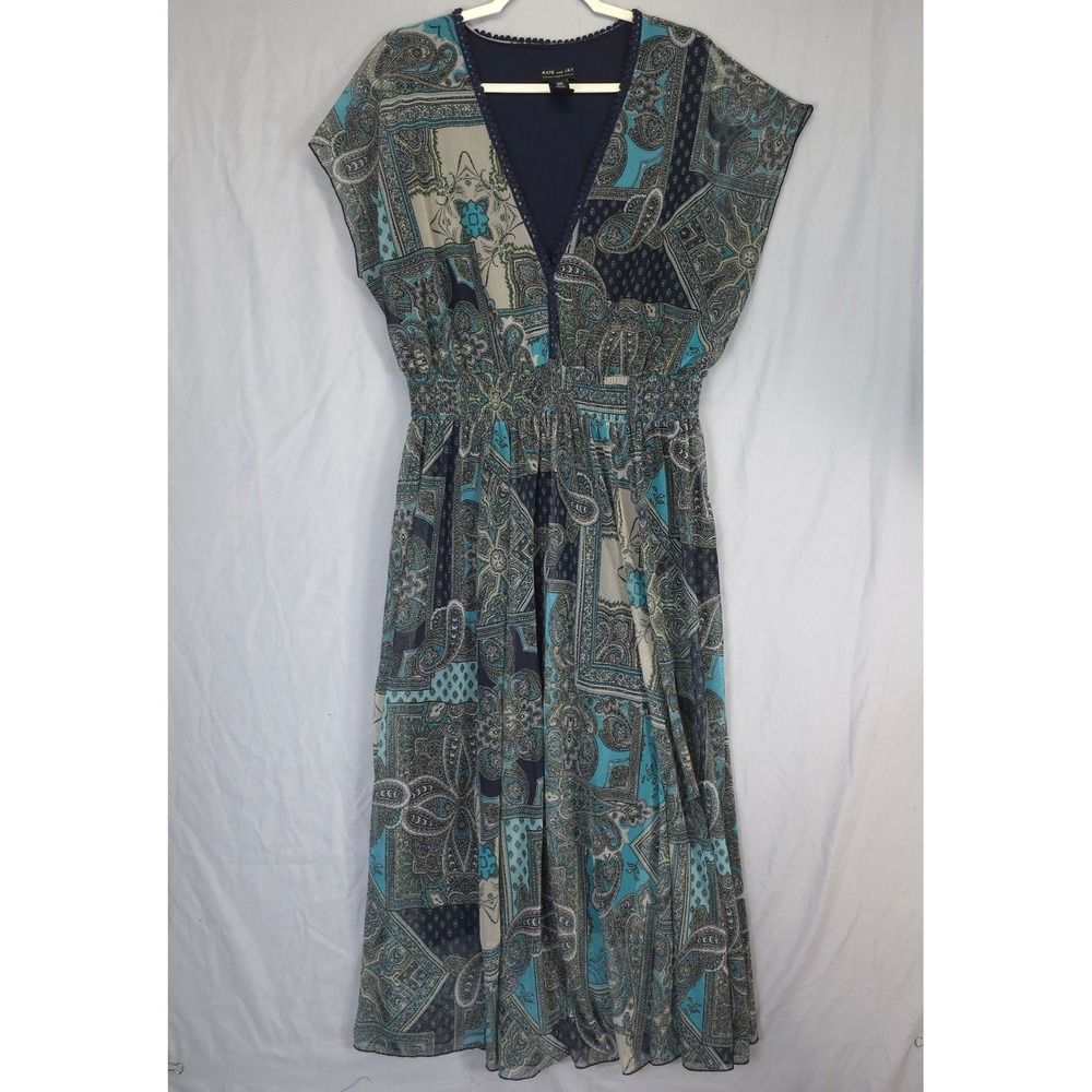 Boho‎ Paisley Midi Dress 18W Blue Teal Empire Smock Waist Flowy Resort Whimsical